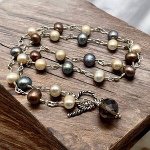 Multicolor Freshwater Pearl Necklace Sterling Silver Toggle Smoky Crystal